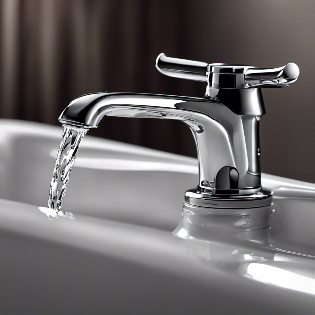 An image showing a close-up of a Delta bathtub faucet with water droplets forming around the base
