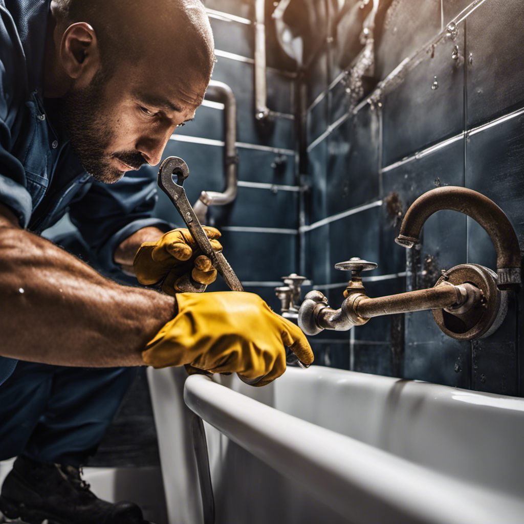 An image that showcases a close-up view of a plumber's hands wearing rubber gloves, skillfully tightening a wrench around a corroded joint under a bathtub, with water droplets glistening on the pipe