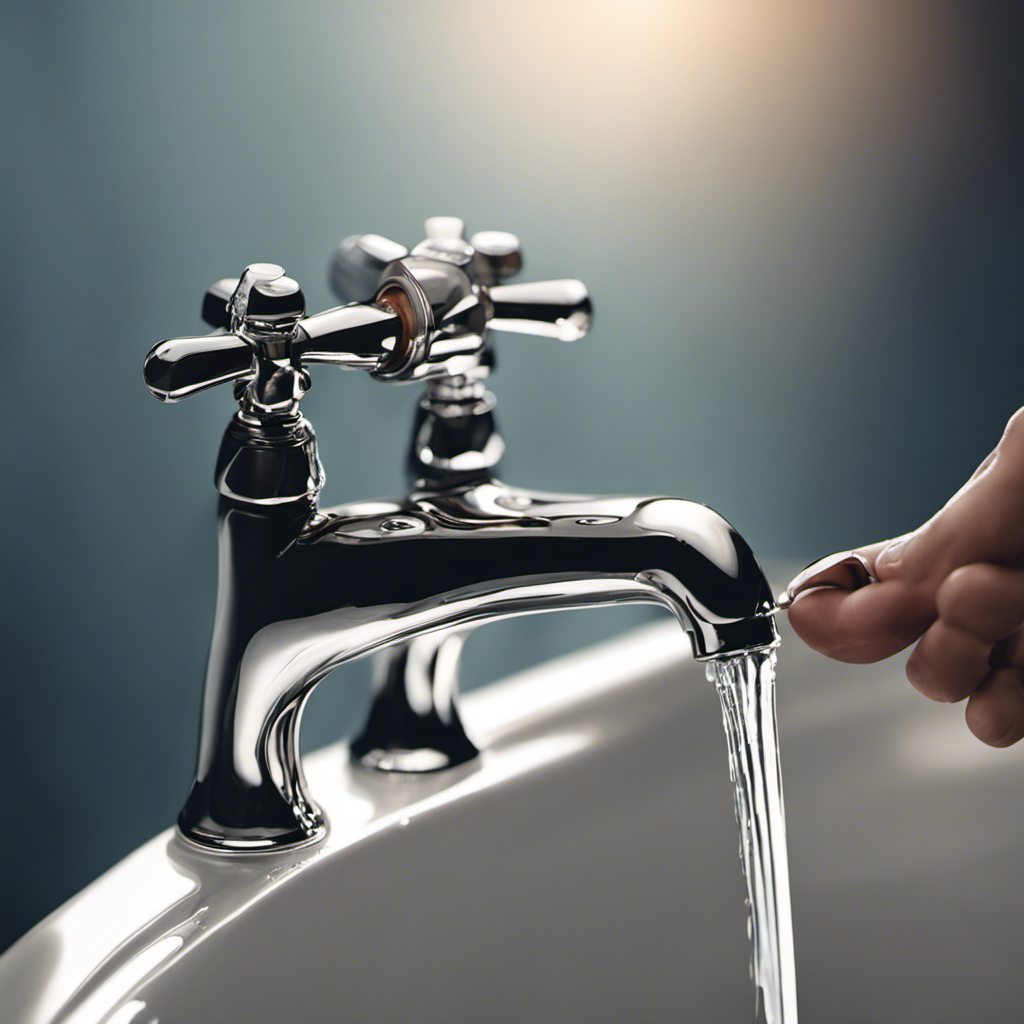 An image depicting a close-up of a dripping bathtub faucet with visible water droplets, accompanied by a hand holding a wrench, positioned to fix the leak