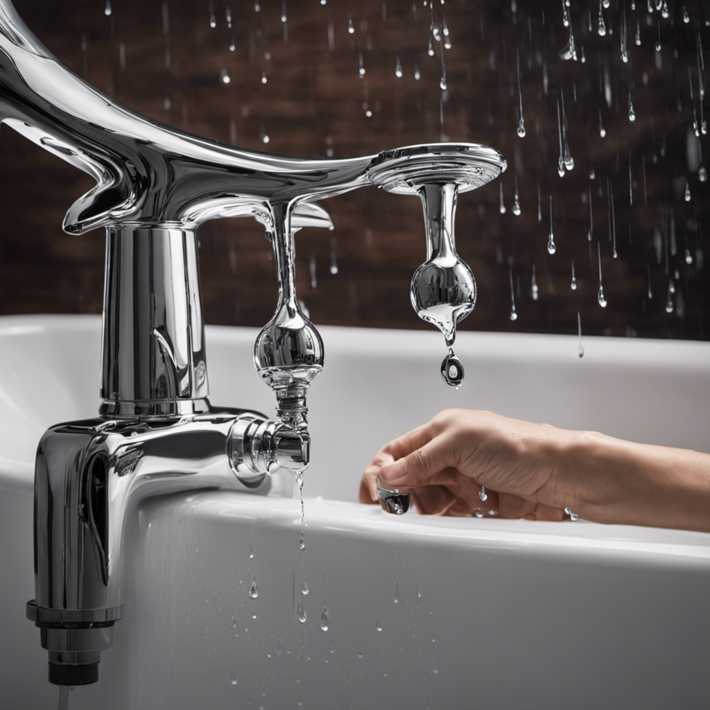 An image showcasing a pair of hands holding a wrench, tightly gripping a dripping faucet in a bathtub