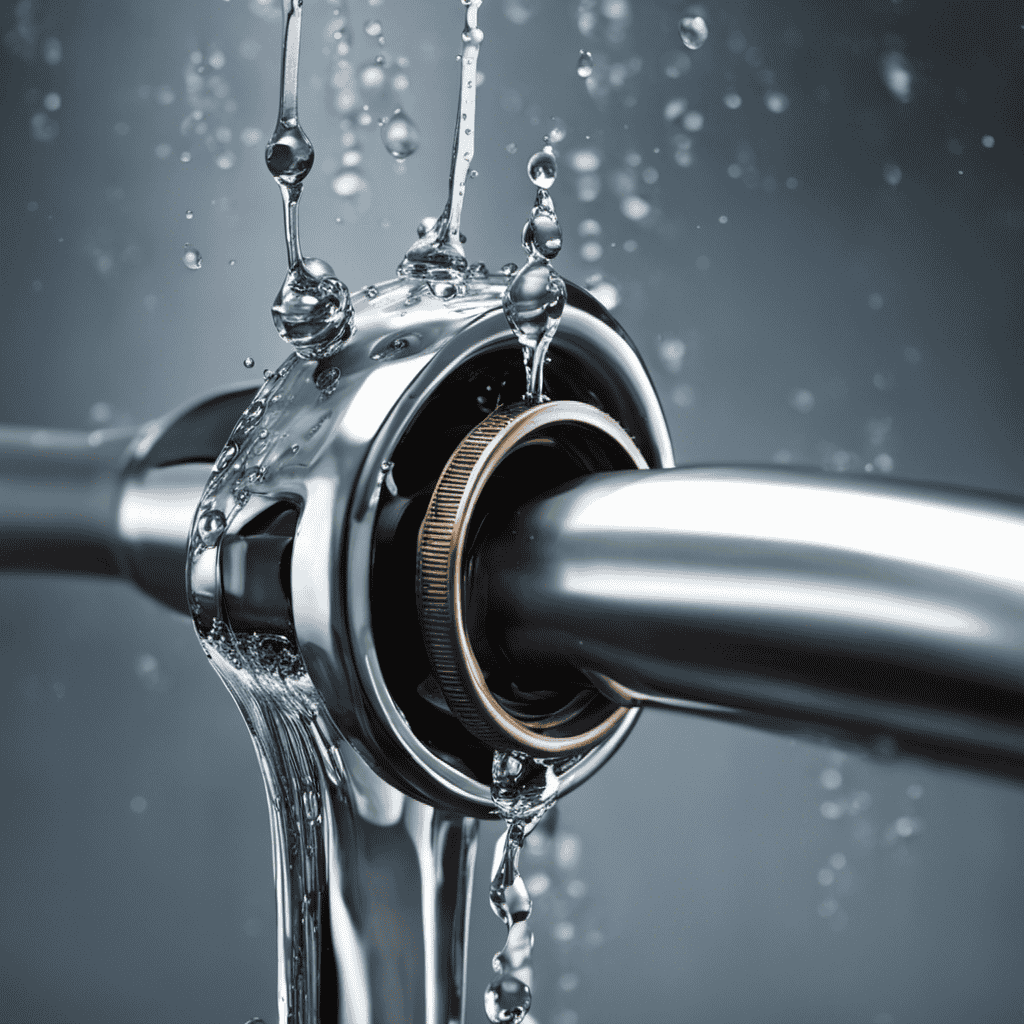An image depicting a close-up view of a wrench gripping a valve, with water droplets falling from a leaking toilet tank in the background
