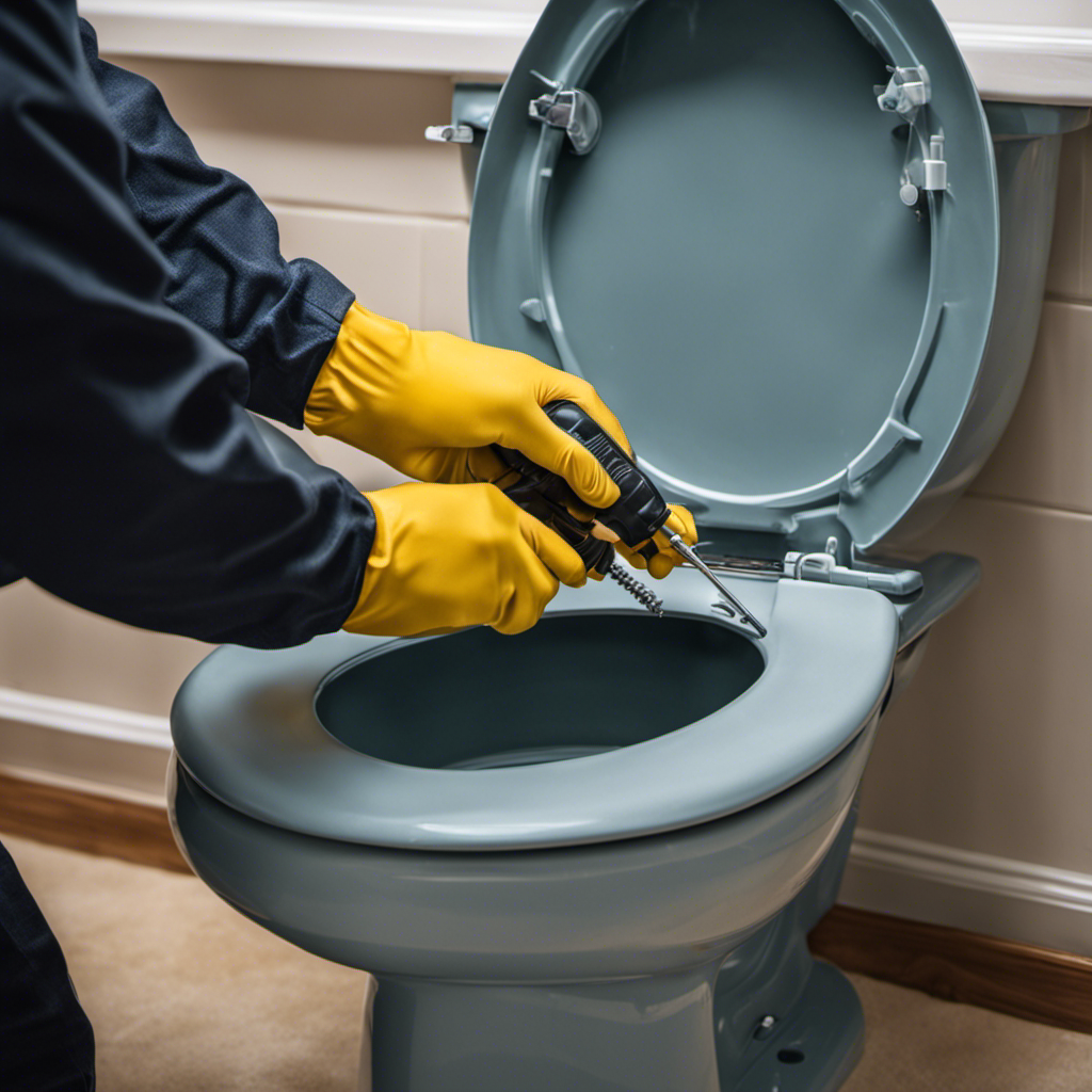 An image showing a pair of gloved hands gripping a screwdriver, tightening the loose screws on a toilet seat