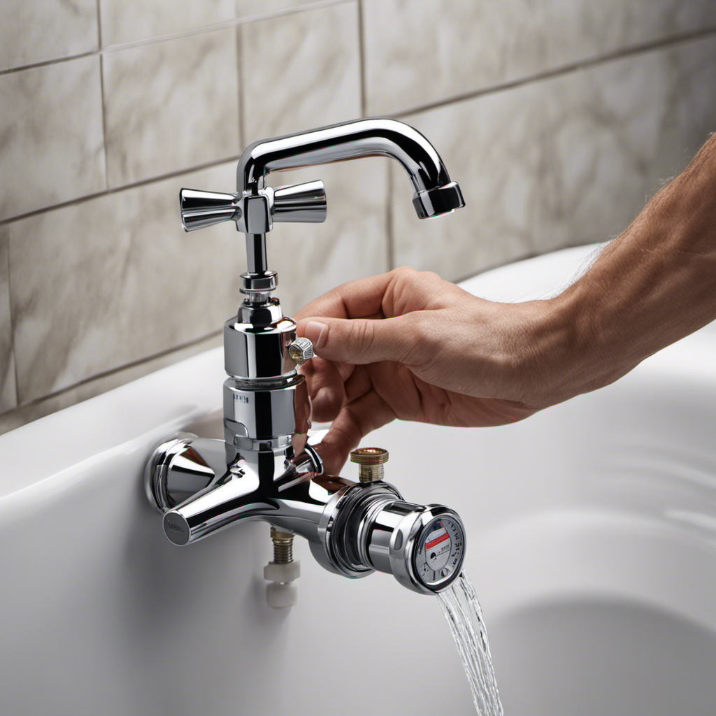 An image showcasing a pair of hands adjusting a water pressure regulator valve beside a bathtub, with arrows indicating the correct direction to turn for increasing the hot water pressure