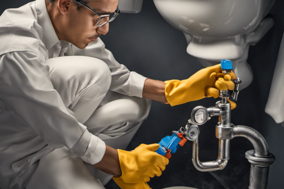 An image showcasing a person wearing gloves and using a wrench to tighten the water supply valve of a running toilet