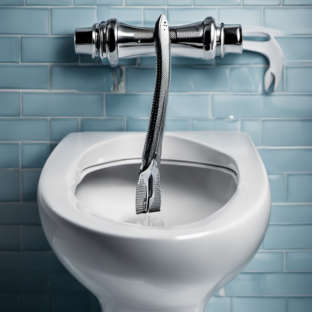 An image showcasing a hand gripping a pair of pliers, reaching into a toilet tank