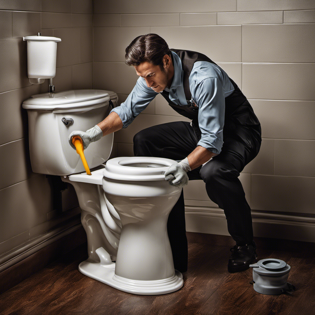 An image showcasing a person wearing rubber gloves, holding a plunger, and bending over to fix an overflowing toilet