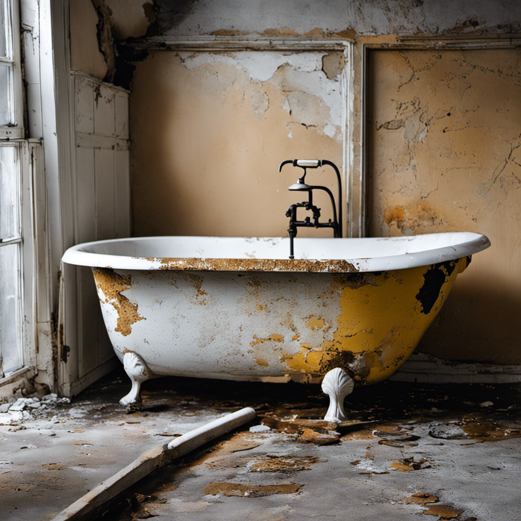 An image showcasing a worn-out bathtub with peeling paint