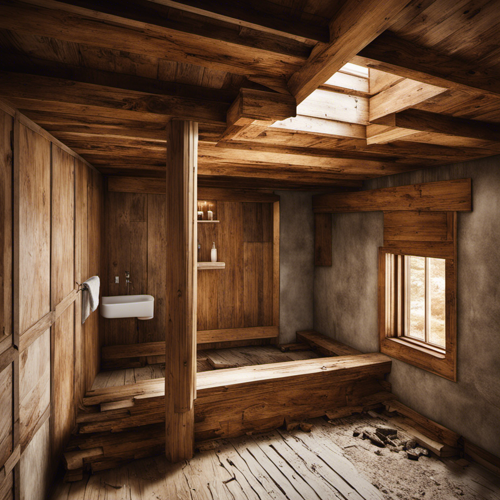 An image featuring a detailed cross-section of a bathroom floor, with a bathtub removed, revealing rotting floor joists