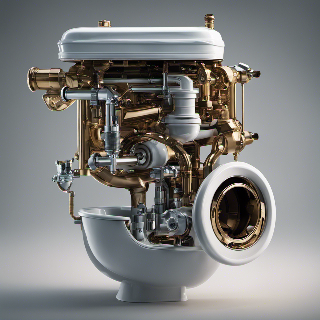 An image showcasing a close-up view of a disassembled toilet tank, with the inner workings fully exposed