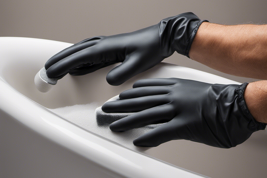 An image showcasing a pair of gloved hands delicately sanding a scratched bathtub surface, revealing a smooth and flawless finish