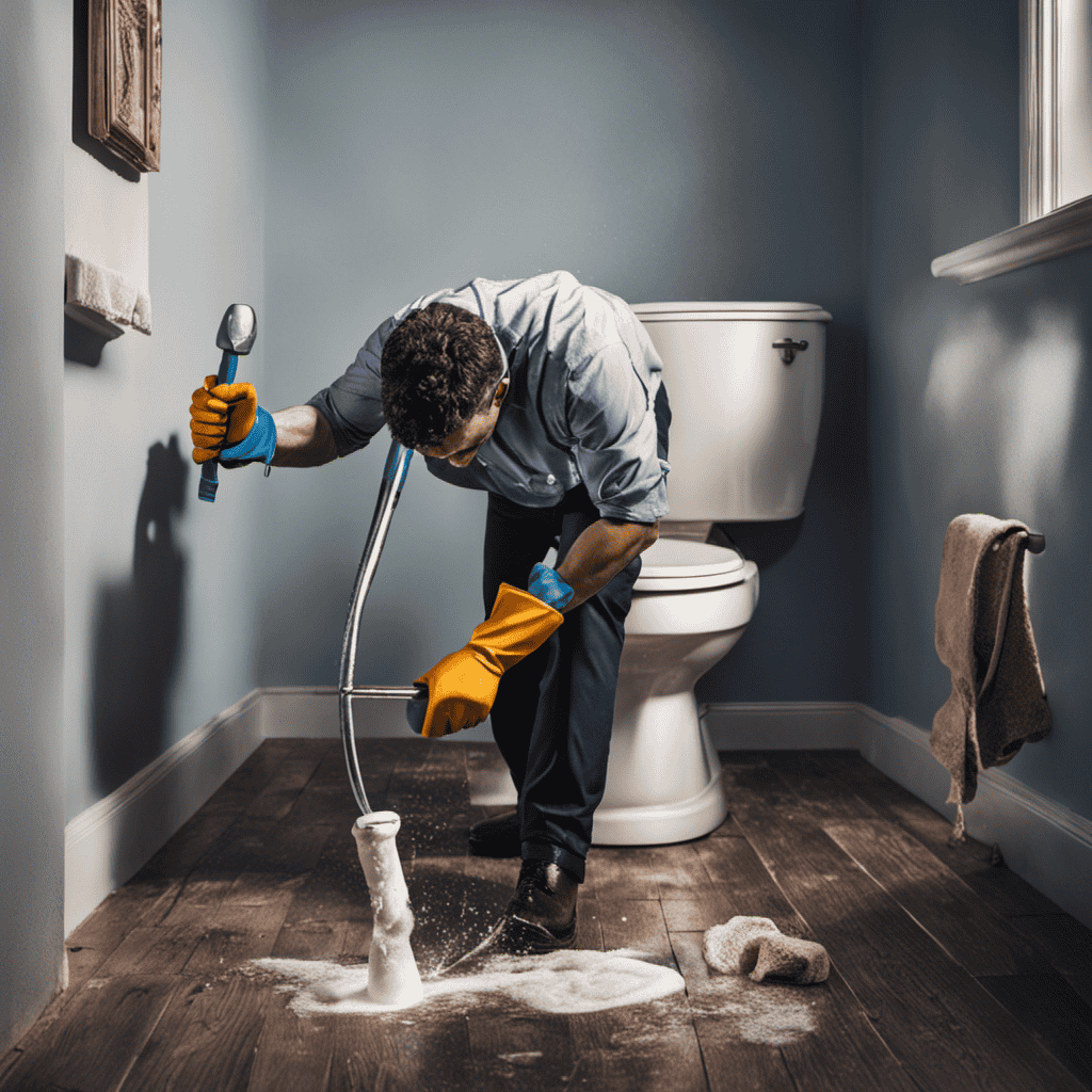 An image showcasing a person wearing gloves and using a plunger to unclog a toilet