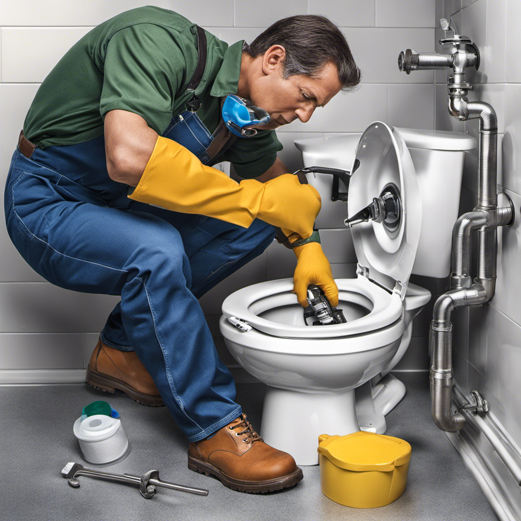 An image showcasing a person wearing gloves, holding a wrench, while removing the toilet tank lid