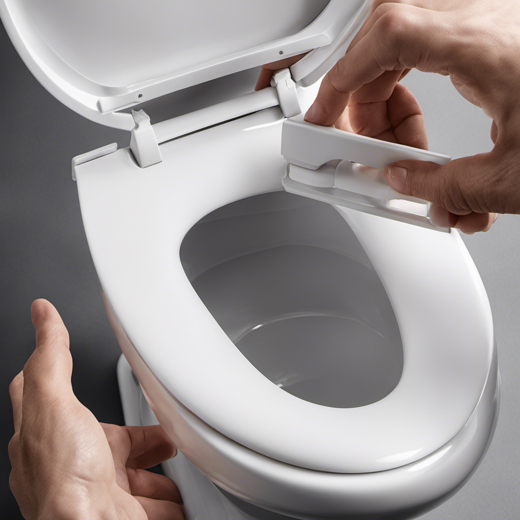 An image showcasing a close-up view of a hand gently releasing a soft close toilet seat, while illustrating the step-by-step process of adjusting the seat's hinges with an accompanying tool