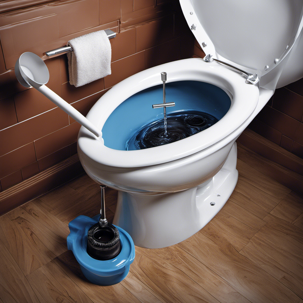 An image depicting a pair of gloved hands holding a plunger inserted into a clogged toilet bowl, while water spills out, illustrating a step-by-step guide to fixing a stopped-up toilet