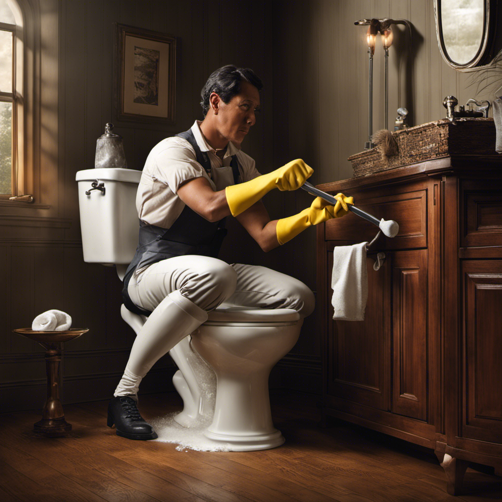 An image depicting a person wearing rubber gloves and using a plunger to unclog a toilet