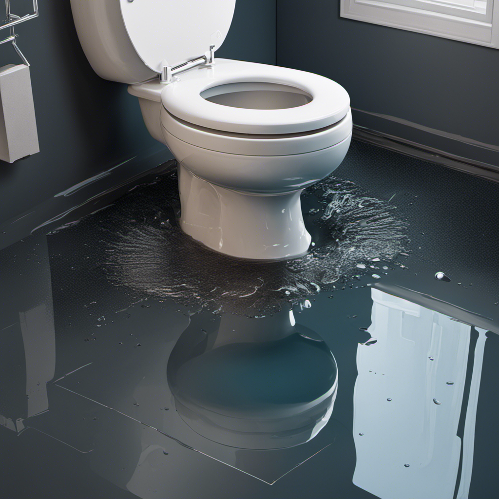 An image that depicts a close-up view of a toilet leaking from its base, with water pooling on the floor