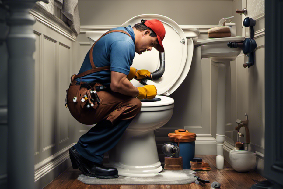 An image depicting a plumber wearing gloves and using a plunger to unclog a toilet, with water overflowing and spilling onto the bathroom floor