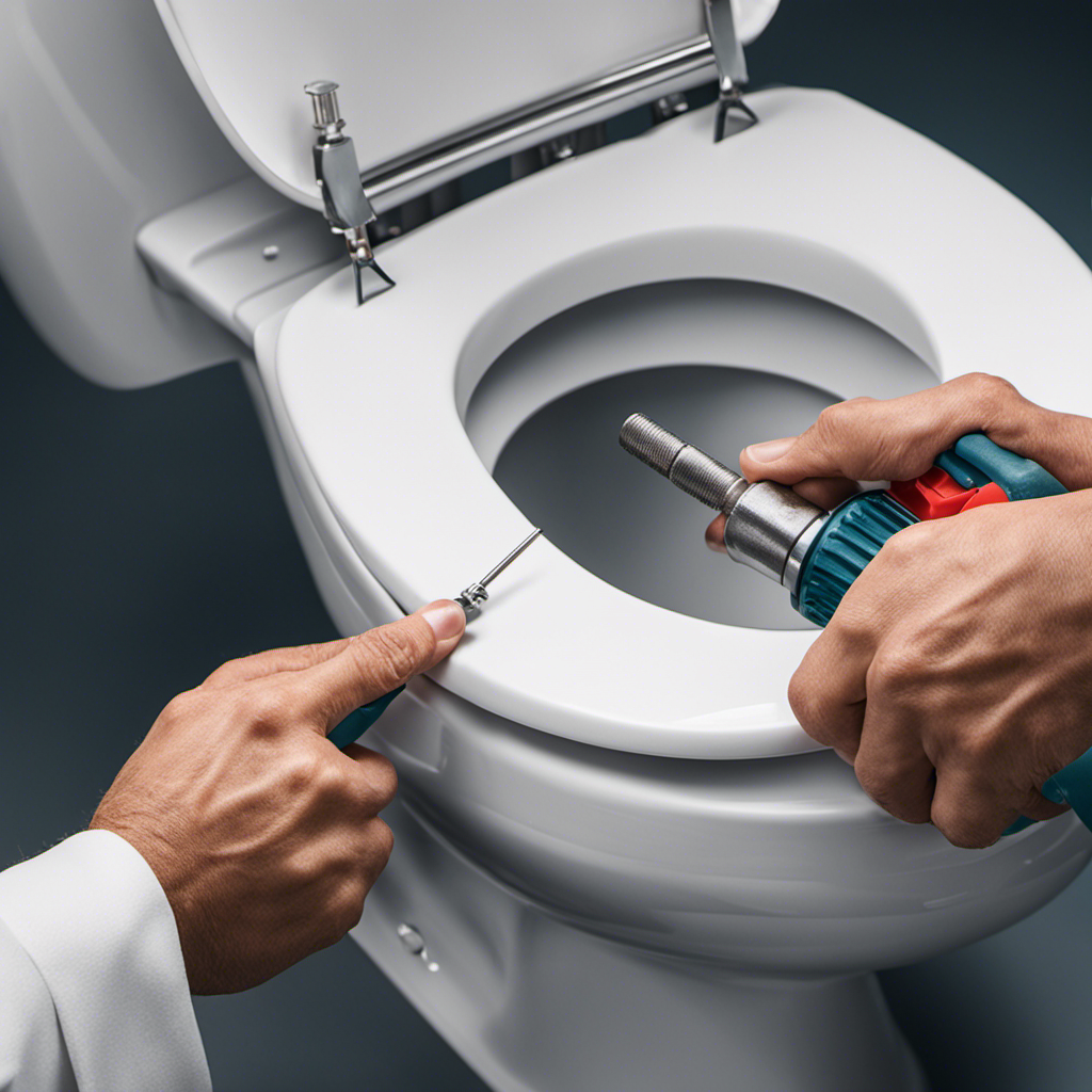 An image showing a close-up of hands using a screwdriver to tighten the loose bolts on a toilet seat, highlighting the step-by-step process of fixing it