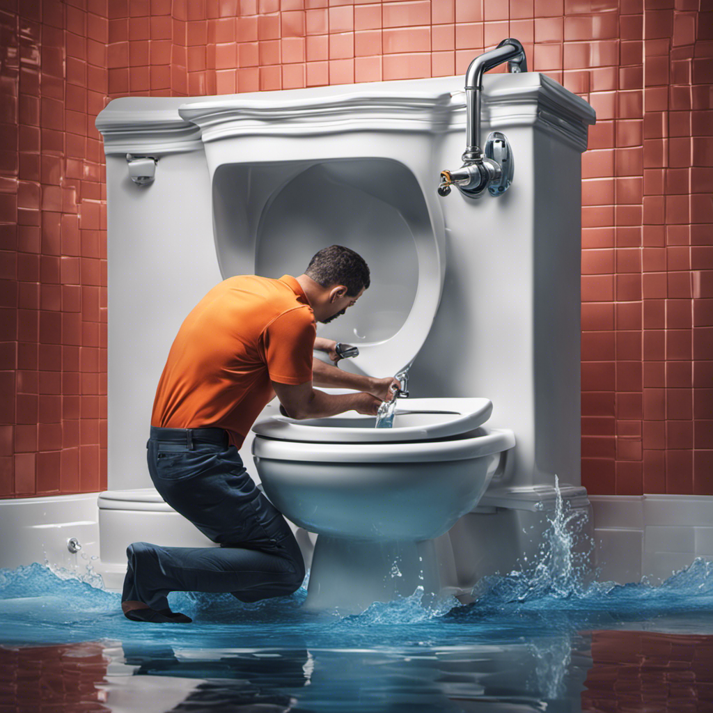 An image of a person holding a wrench and adjusting the float valve inside a toilet tank
