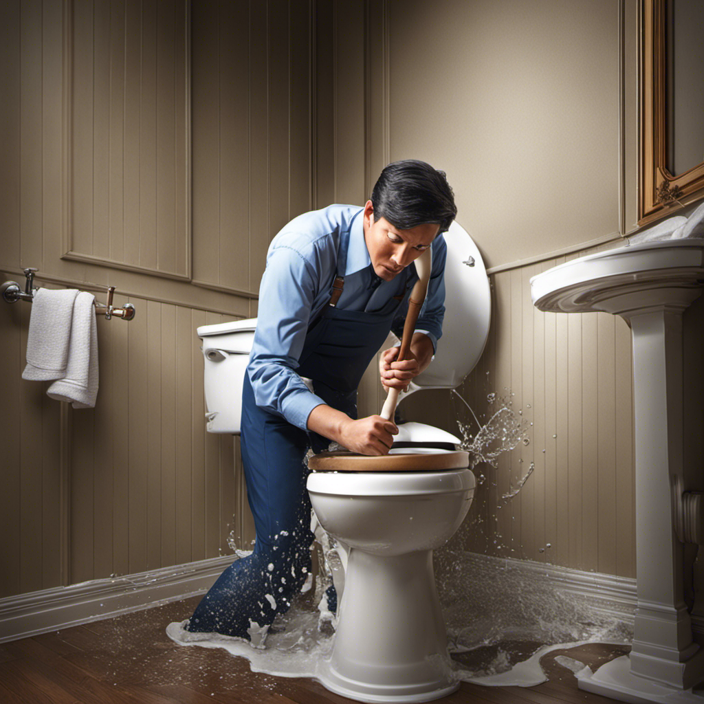 An image showing a person using a plunger to unclog a toilet, with water splashing out and debris being pushed down the drain