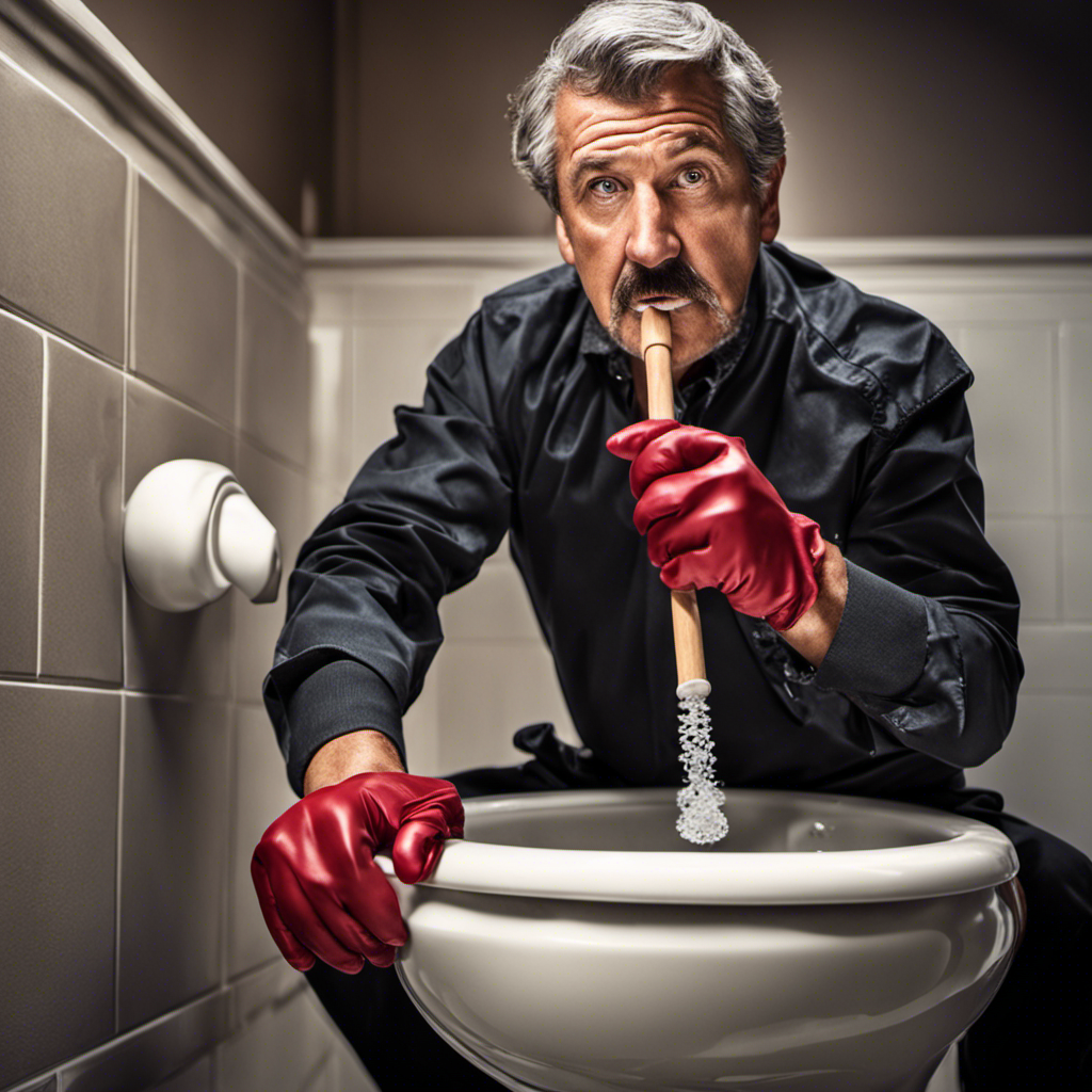 An image showcasing a person wearing gloves and using a plunger to unclog a toilet, with clear water overflowing from the bowl and a determined expression on their face