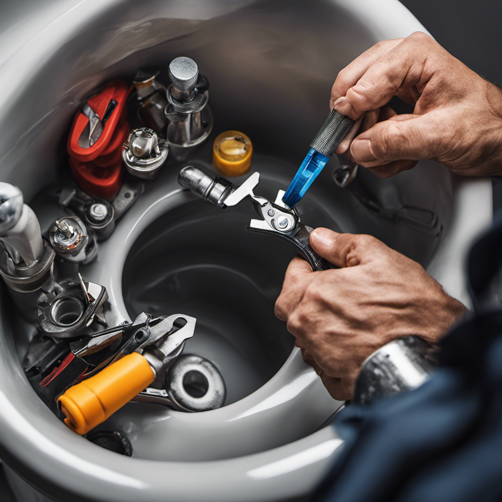 An image showcasing a close-up view of a plumber's hand adjusting the float valve in a toilet tank, surrounded by tools like pliers, a wrench, and a water level indicator, illustrating step-by-step instructions to fix a running toilet