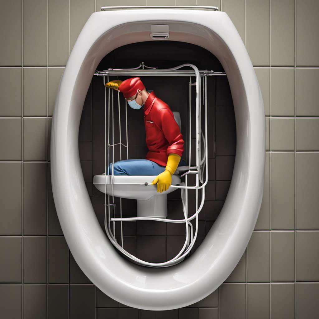 An image that depicts a person wearing rubber gloves, using a bent wire hanger to unclog a toilet