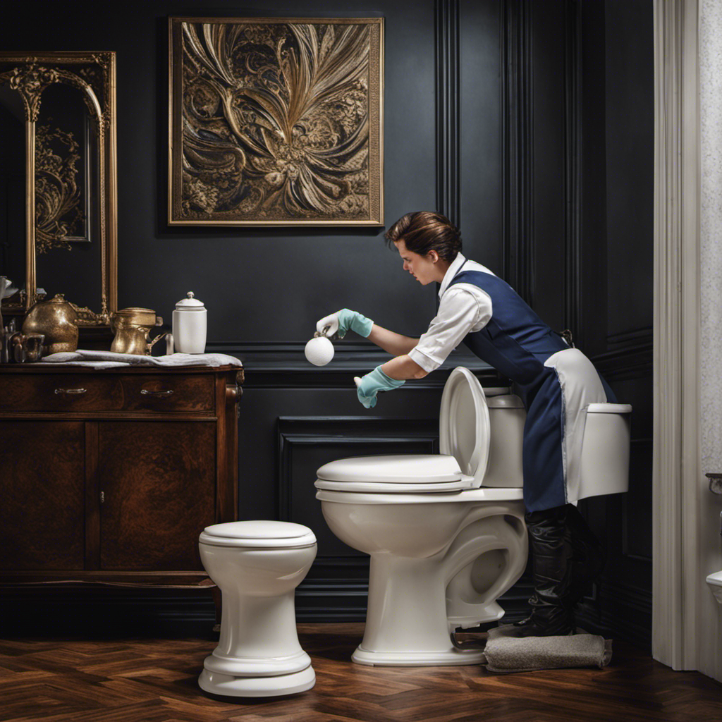 An image showcasing a person wearing gloves and using a plunger to unclog a toilet, with clear water flowing freely from the bowl