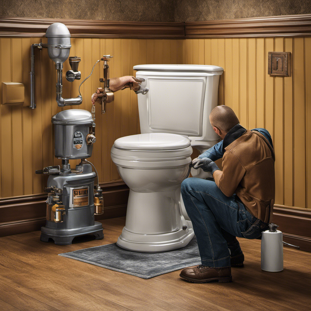 An image of a person holding a screwdriver, kneeling next to a whistling toilet