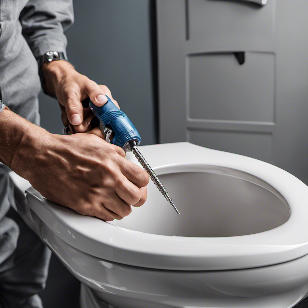 An image showcasing a pair of hands gripping a screwdriver, skillfully tightening the bolts securing a wobbly toilet seat