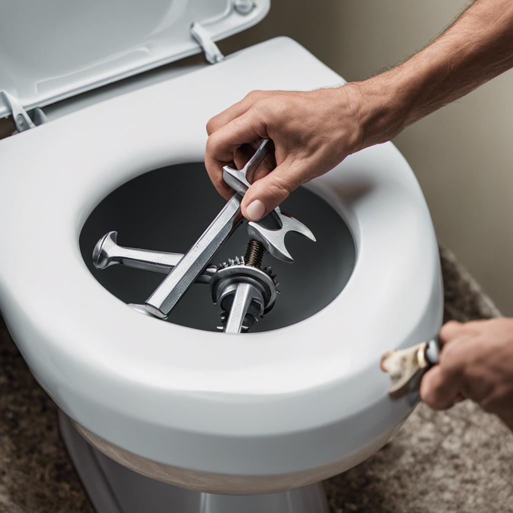 An image showing a person using a wrench to tighten the bolts at the base of a toilet