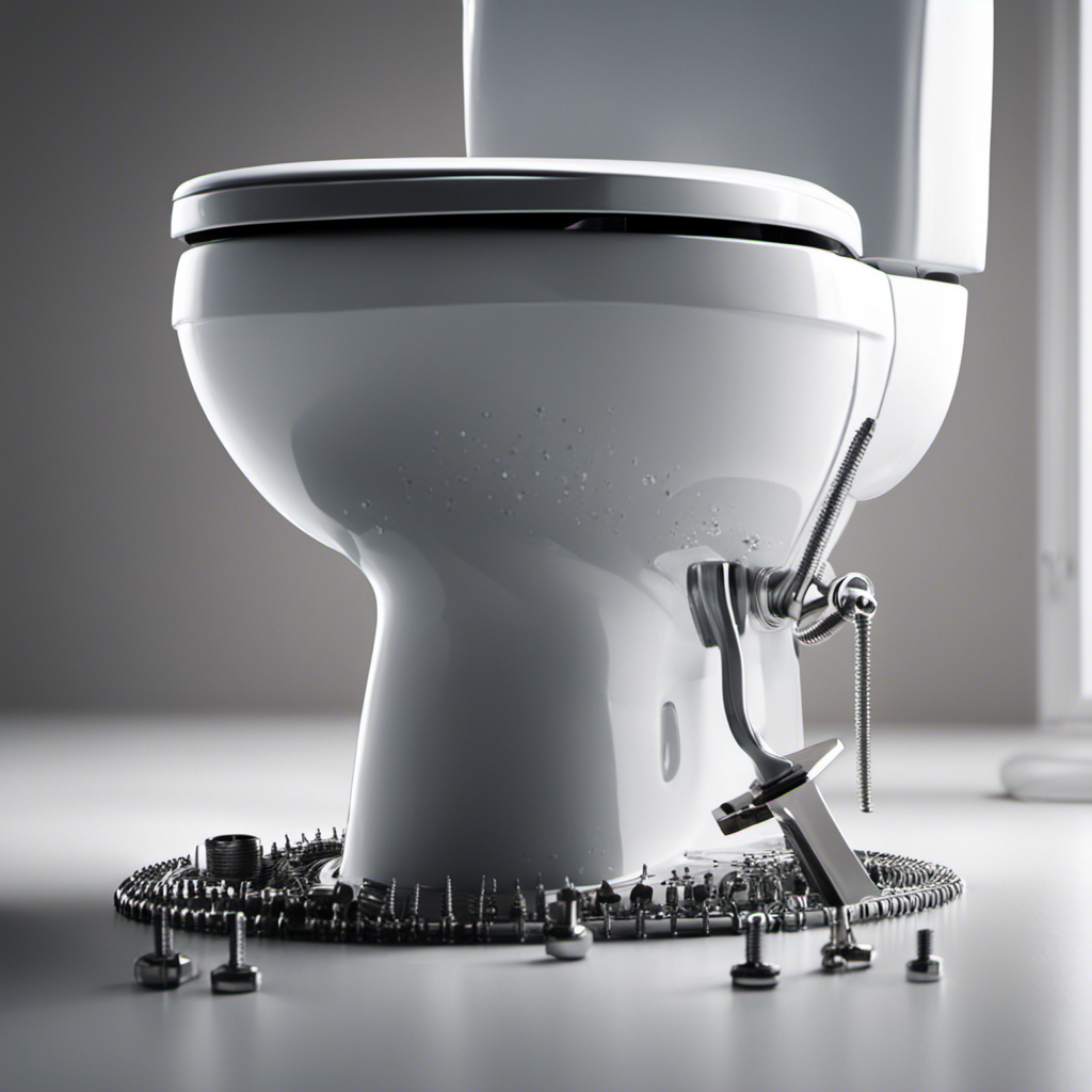 An image that showcases a close-up of a wobbly toilet, with a person using a wrench to tighten the bolts connecting the toilet to the floor