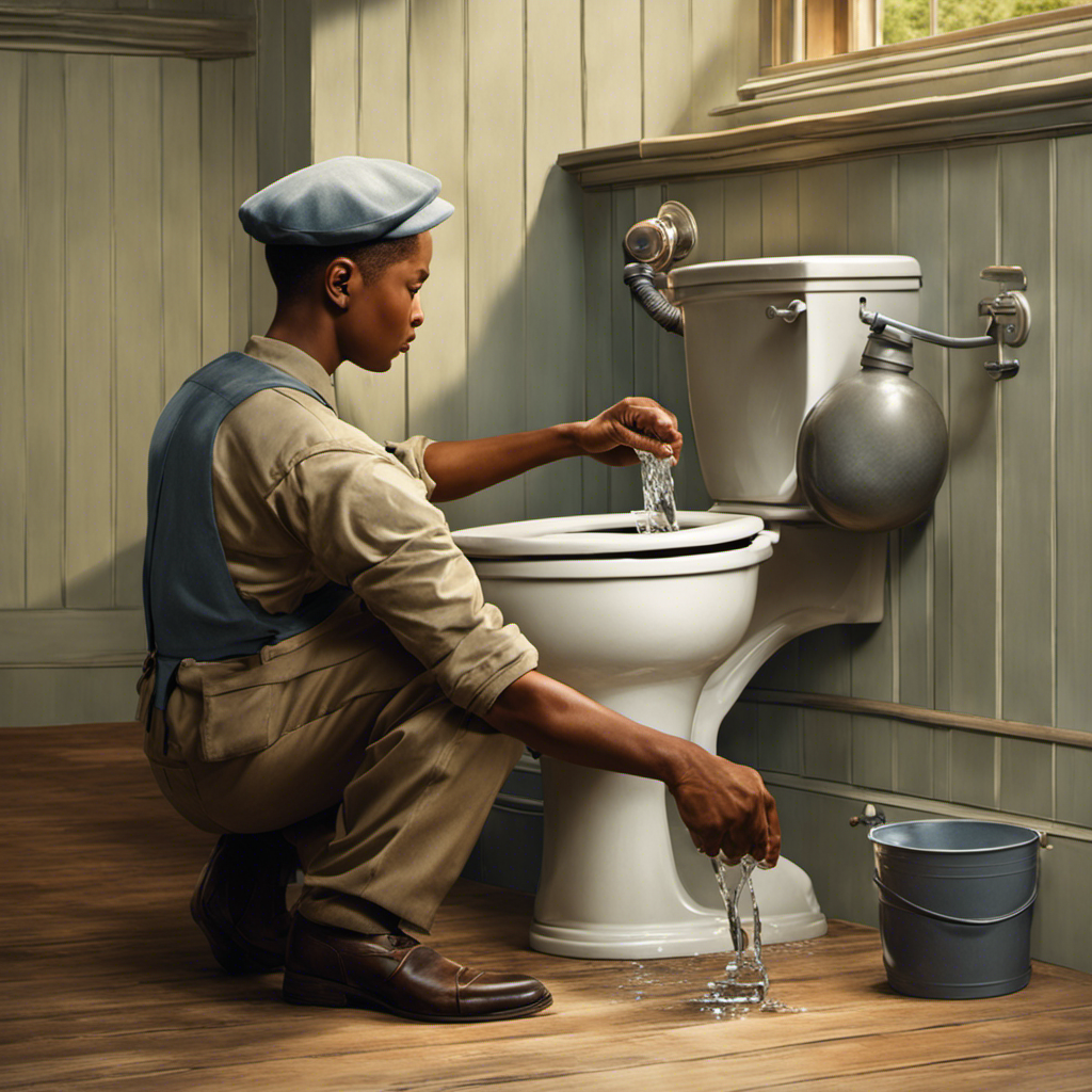 An image depicting a person kneeling beside a toilet, with their hand gripping the tank lever tightly