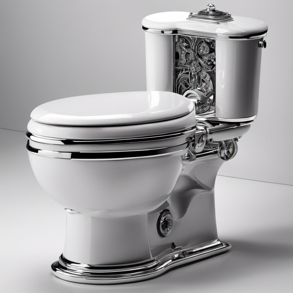 An image that showcases a person using their foot to press a pedal connected to a hidden flush mechanism, revealing the intricate inner workings of a toilet, demonstrating a unique way to flush without a handle