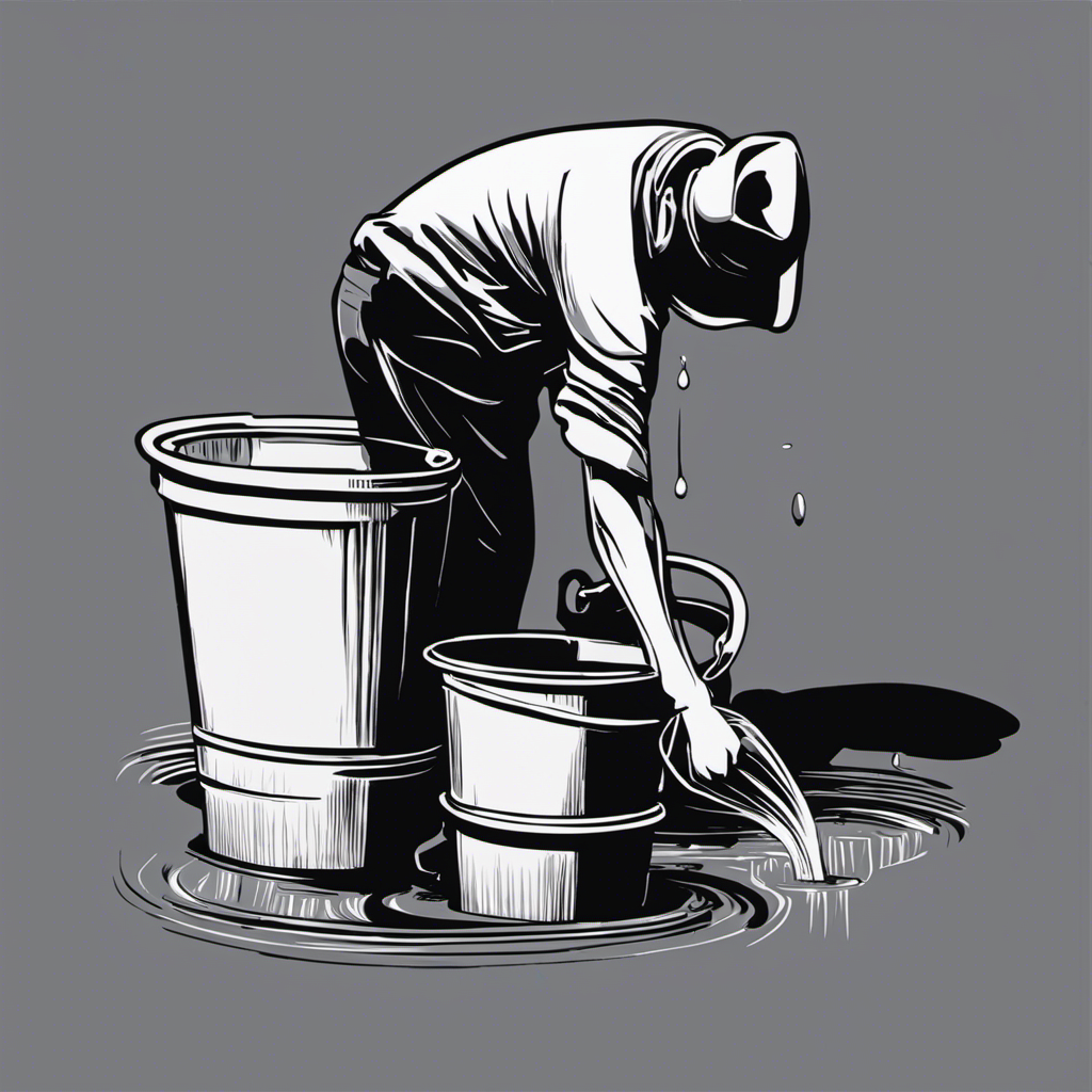 An image depicting a person using a bucket filled with warm water to pour it slowly into the toilet bowl at a low angle, demonstrating the technique of flushing a toilet without a plunger