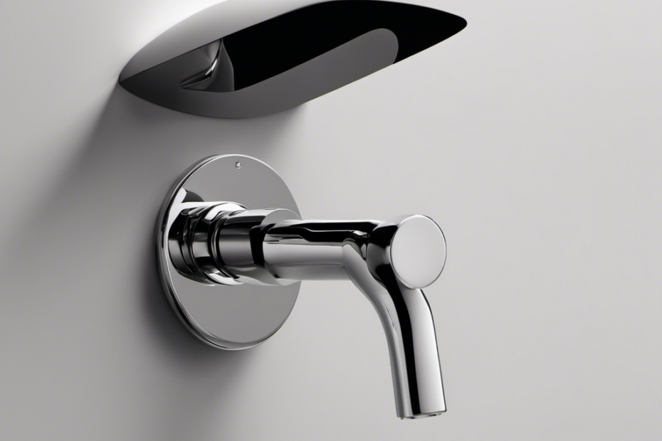 An image showcasing a person's hand gently pressing a sleek, button-like mechanism mounted on a wall, elegantly flushing a toilet
