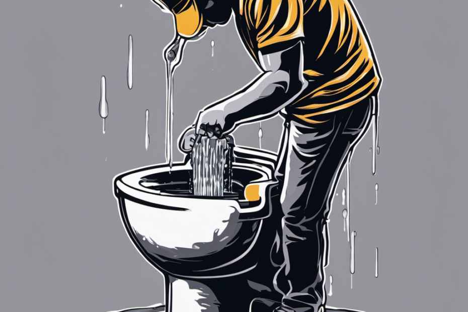 An image depicting a person pouring a bucket of water into a toilet bowl, with the water cascading down forcefully, showcasing the step-by-step process of flushing a toilet without electricity