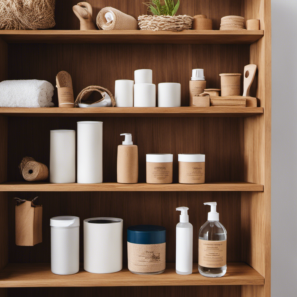 An image showcasing a close-up shot of a wooden shelf stocked with neatly arranged essential supplies for waterless flushing: biodegradable toilet paper, sawdust, a small shovel, a bucket, and a hand sanitizer