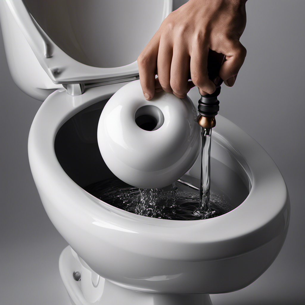 An image capturing a close-up of a person's hand using a plunger to unclog a waterless toilet, with a focused view on the forceful downward motion and the movement of the water within the bowl