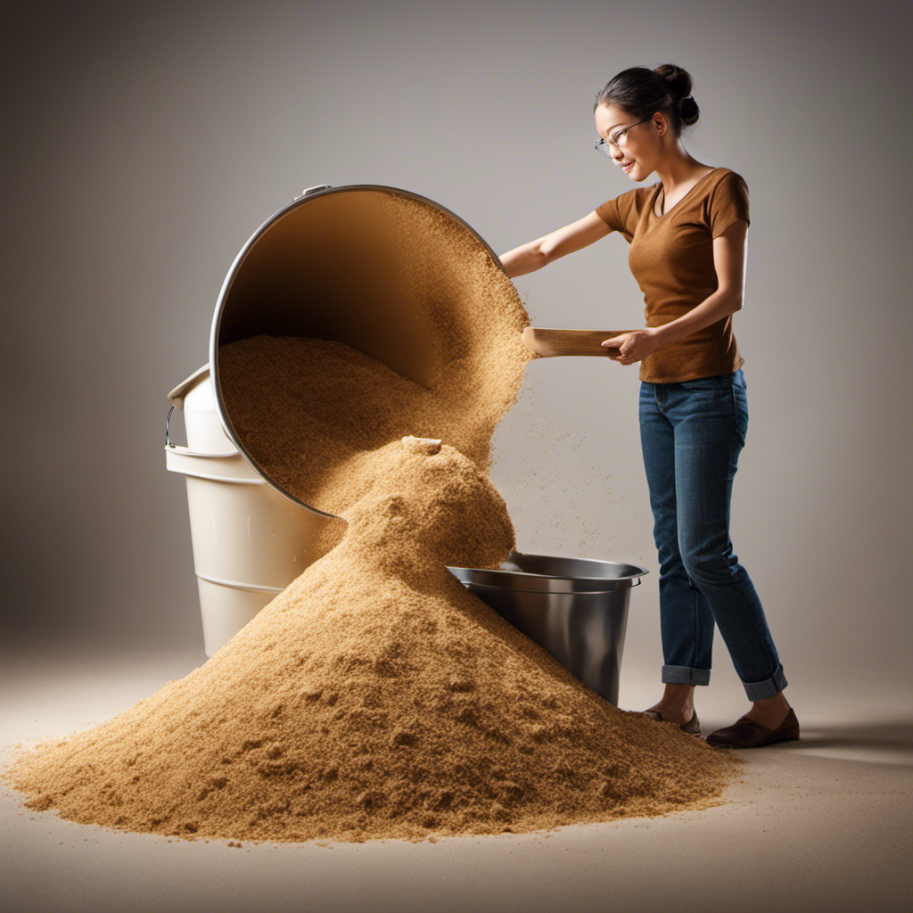 An image depicting a person standing next to a bucket filled with sawdust, highlighting the process of pouring a scoop of sawdust into the toilet bowl after use, illustrating an eco-friendly way to flush without running water