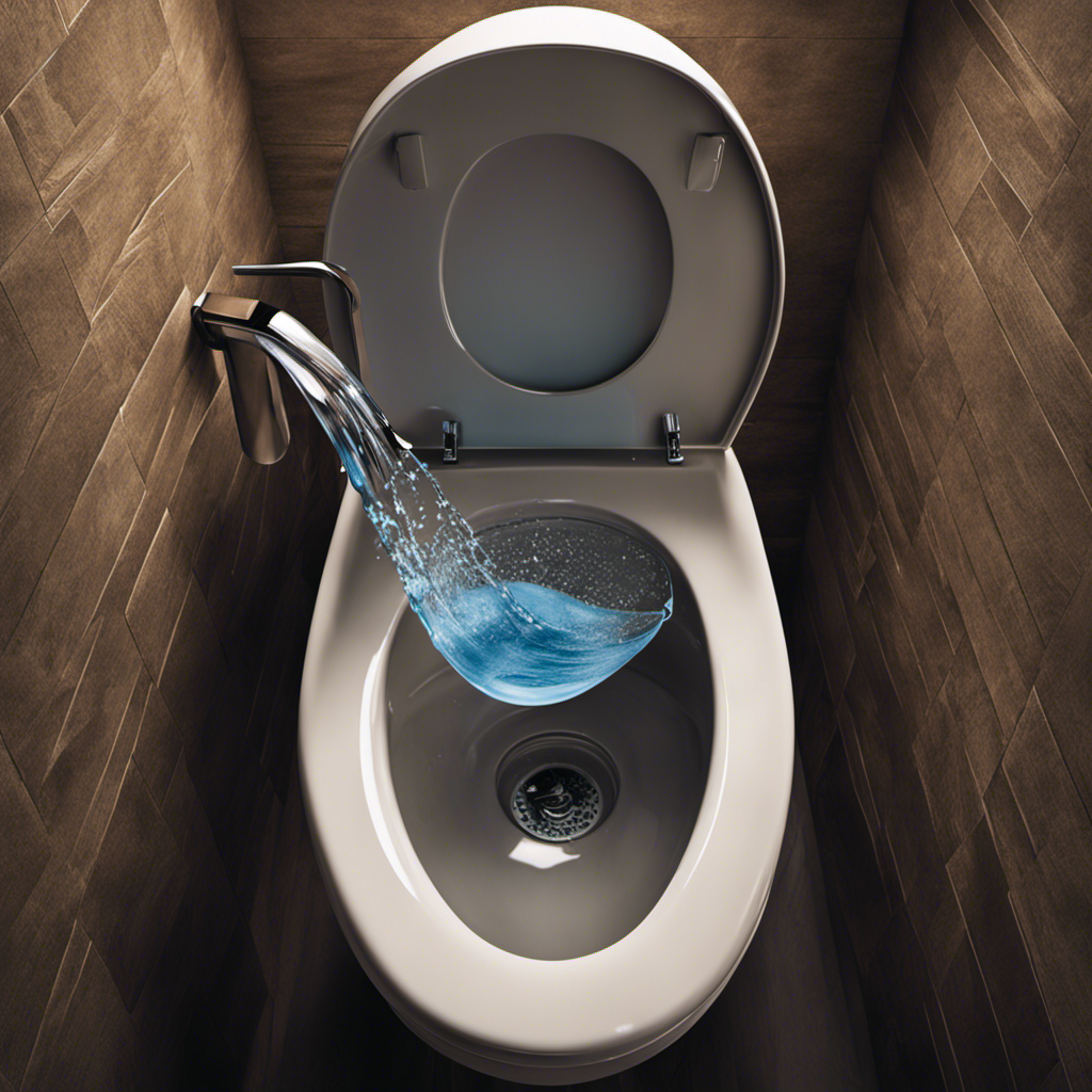 An image depicting a person pouring a bucket of water into a toilet bowl, showcasing the precise steps involved in flushing a toilet without running water