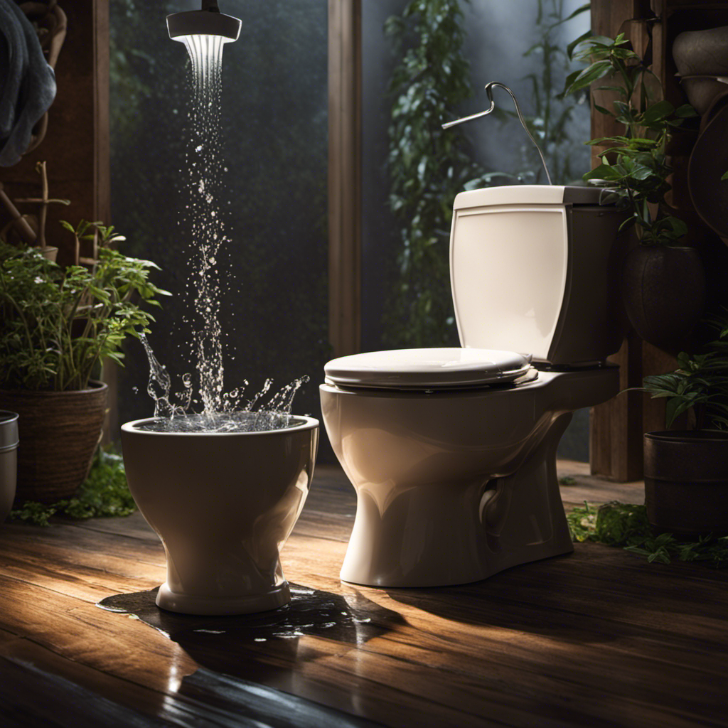 An image depicting a person pouring a bucket of collected rainwater into a toilet bowl, showcasing an innovative method of conserving water by using alternative sources for flushing