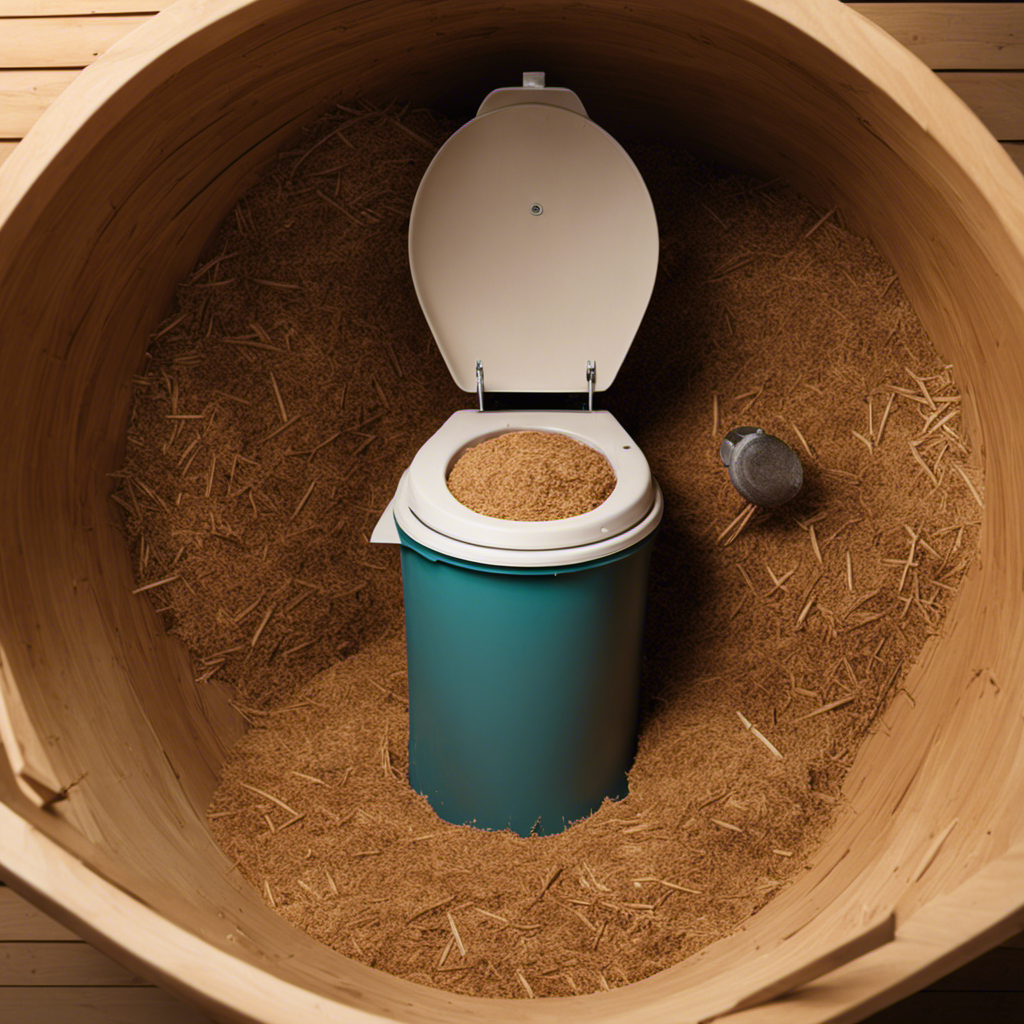An image showcasing a person using a bucket filled with sawdust or wood chips to cover waste in a composting toilet