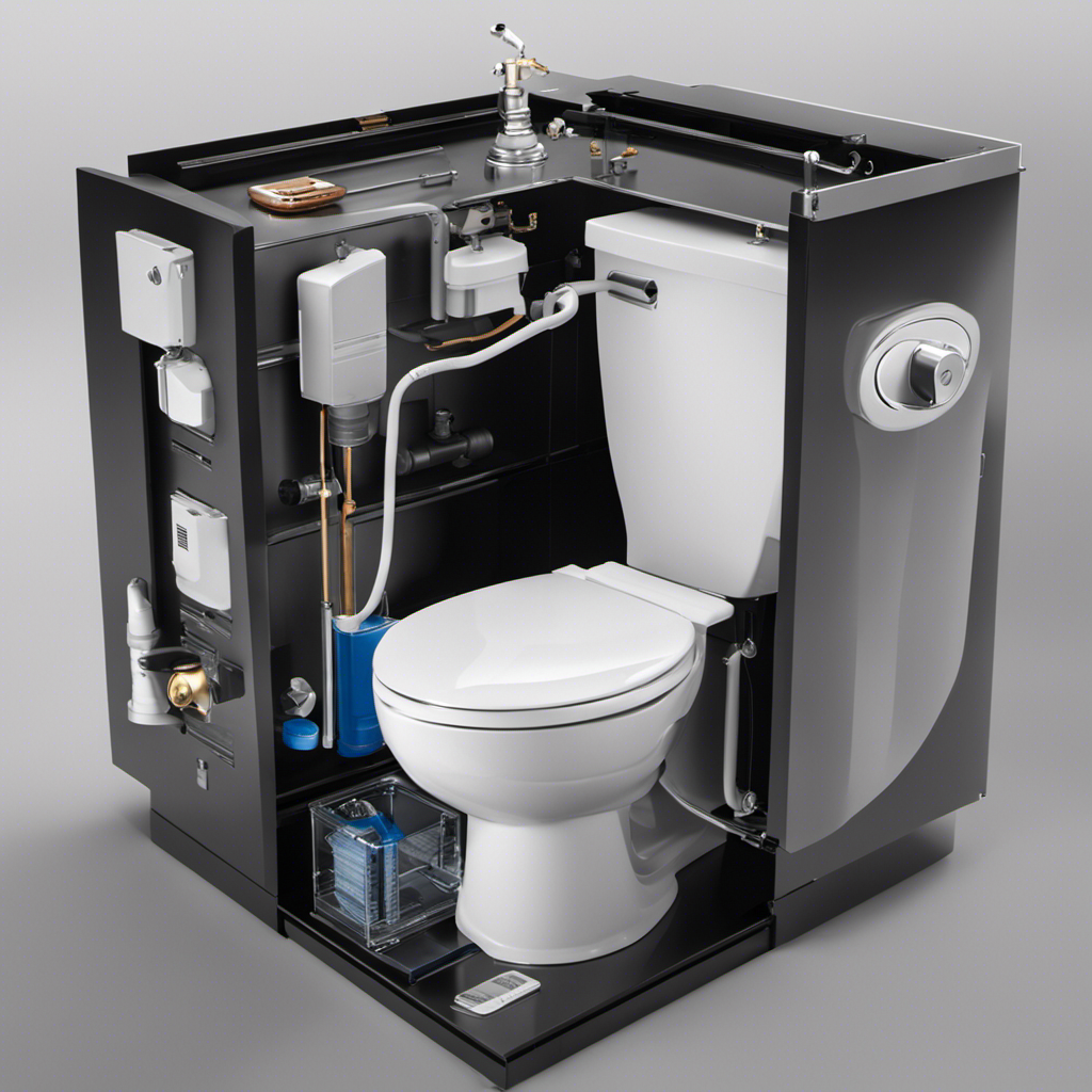 An image depicting a cross-section view of a toilet system, showcasing a suction mechanism, a vacuum pump, and how air pressure is utilized to effectively flush waste without the need for water