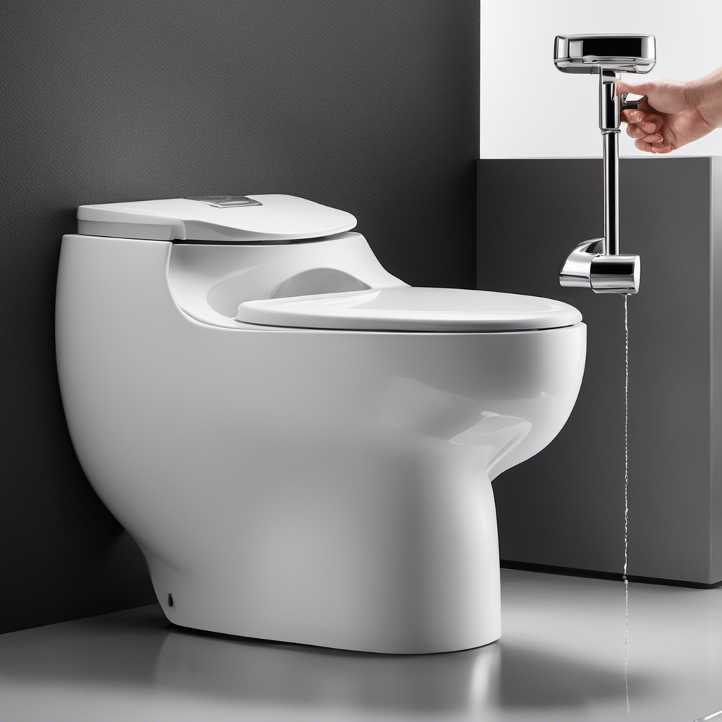 An image showcasing a step-by-step guide on flushing a toilet, capturing the precise movement of a hand reaching for the flush handle, pulling it down, and the subsequent flow of water swirling down the bowl