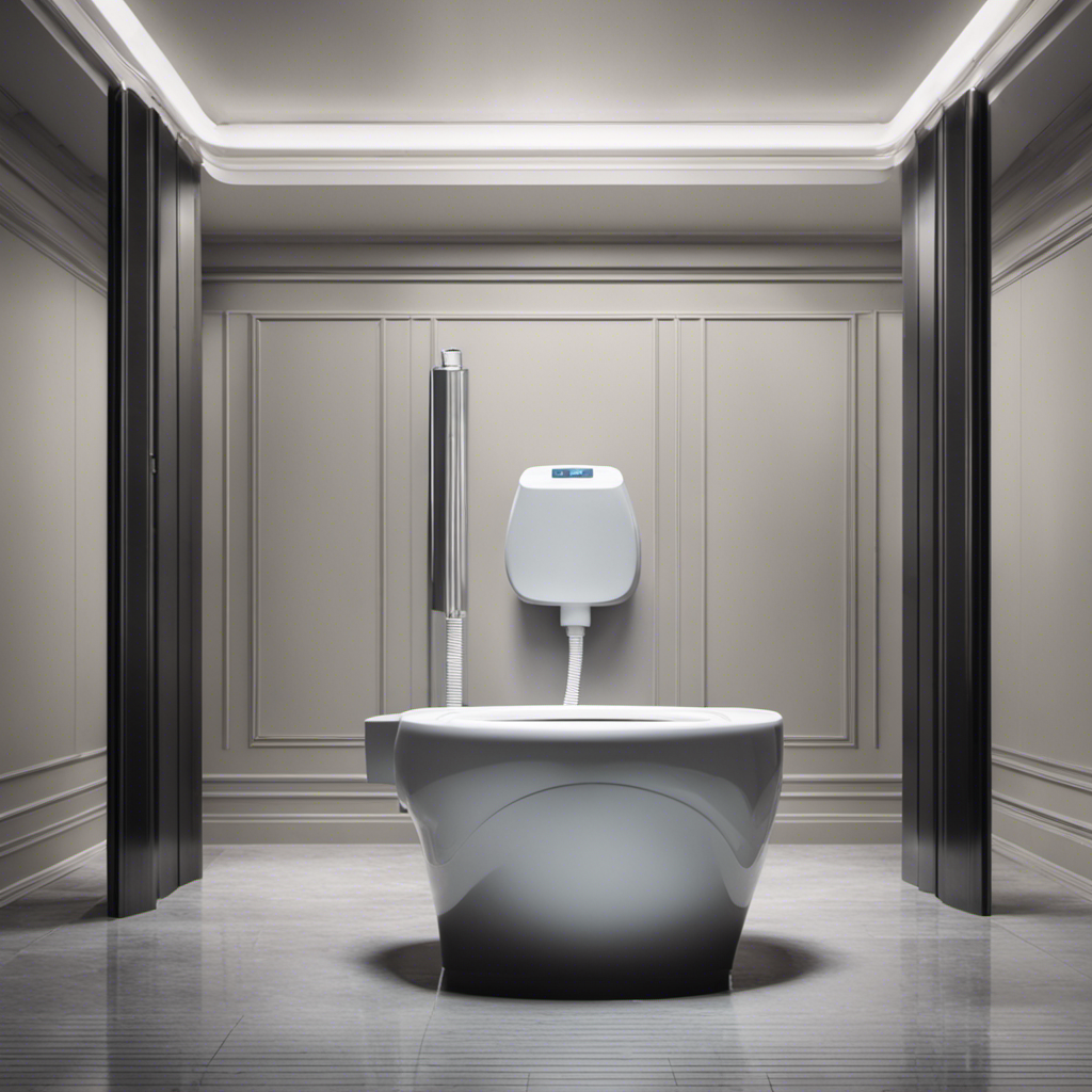 An image showcasing a person standing in front of an automatic toilet, demonstrating the process of flushing by waving their hand in front of the sensor