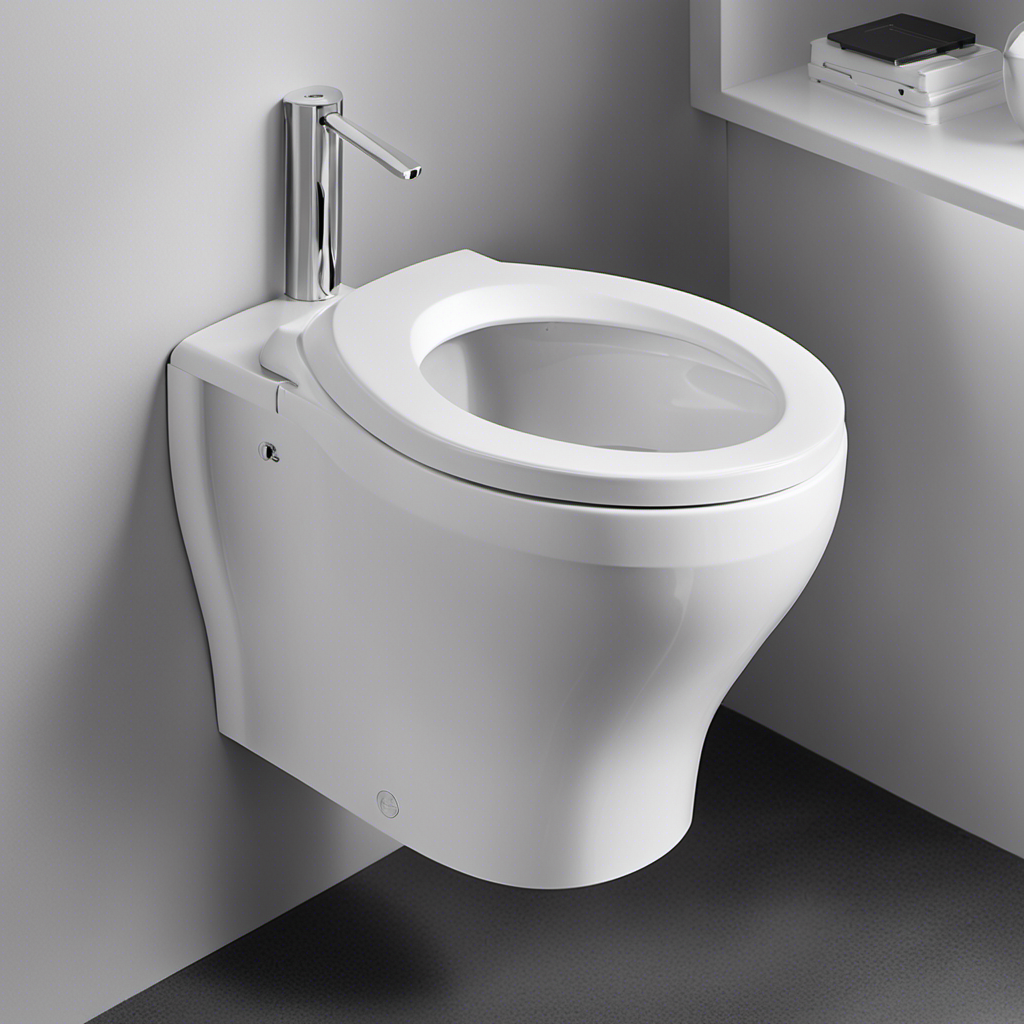 An image showcasing a hand reaching towards a sleek, sensor-activated automatic toilet