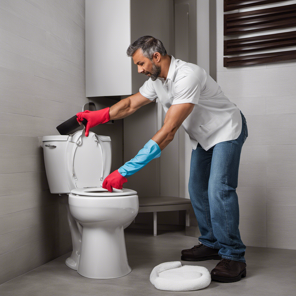 An image capturing the step-by-step process of unclogging a toilet: a person wearing rubber gloves holds a plunger, positions it over the toilet bowl, applies pressure, and successfully clears the blockage