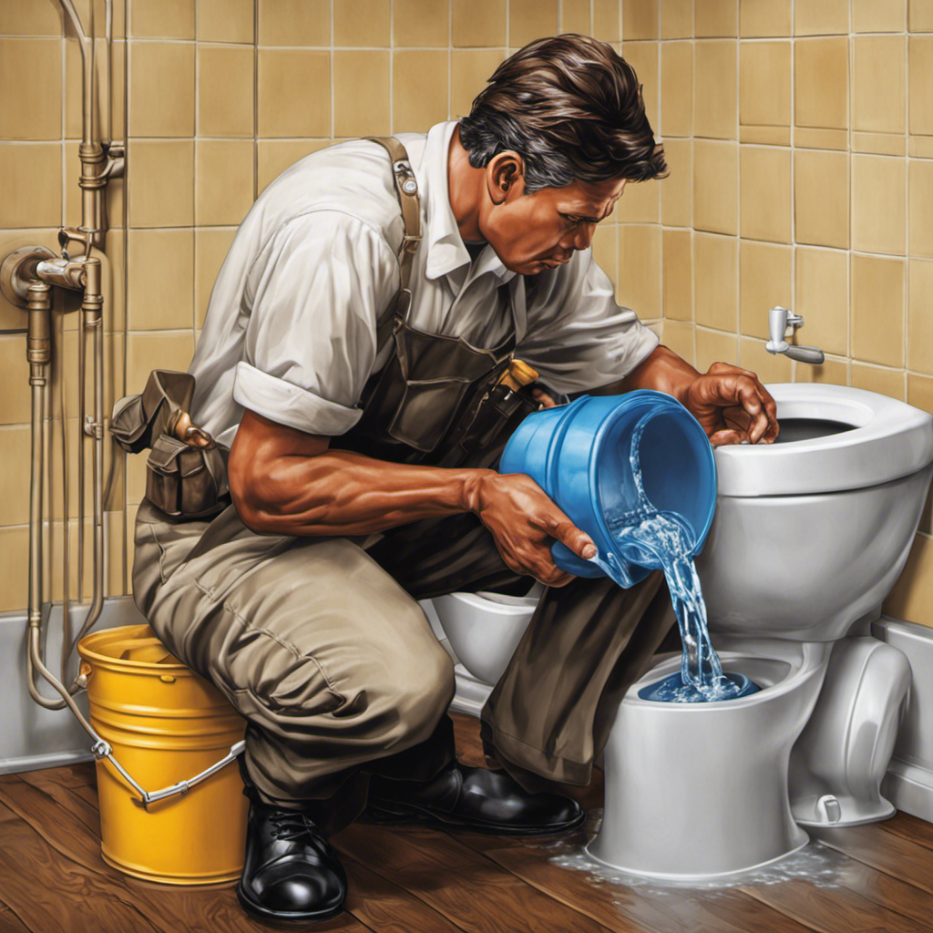 An image showcasing a person holding a bucket filled with water, pouring it forcefully into the toilet tank to demonstrate the technique of flushing a toilet when the water is off