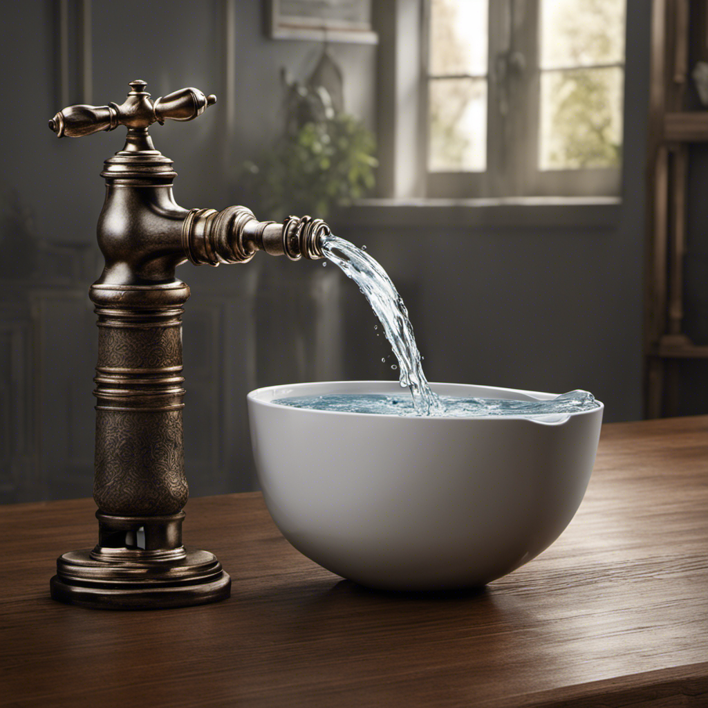 An image that showcases a hand holding a bucket filled with water, pouring it into the toilet tank